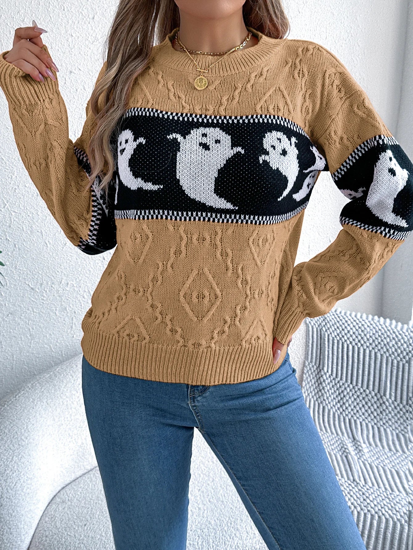 Halloween Ghost Knit Sweater khaki full front view showing the textured knit and contrasting ghost stripe