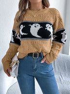 Halloween Ghost Knit Sweater khaki colorway front styling view with blue jeans and a light handbag