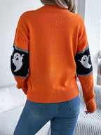 Halloween Ghost Knit Sweater orange back view showing plain knit body and ghost-pattern sleeve stripes