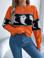 Halloween Ghost Knit Sweater in orange with black contrast stripe and white ghosts, front view