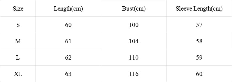 Halloween Ghost Knit Sweater size chart with garment length, bust, and sleeve measurements for S to XL