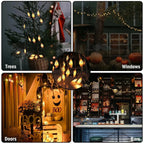 Halloween Ghost String Lights decorating trees, windows, doors and a bar in a four-scene collage.