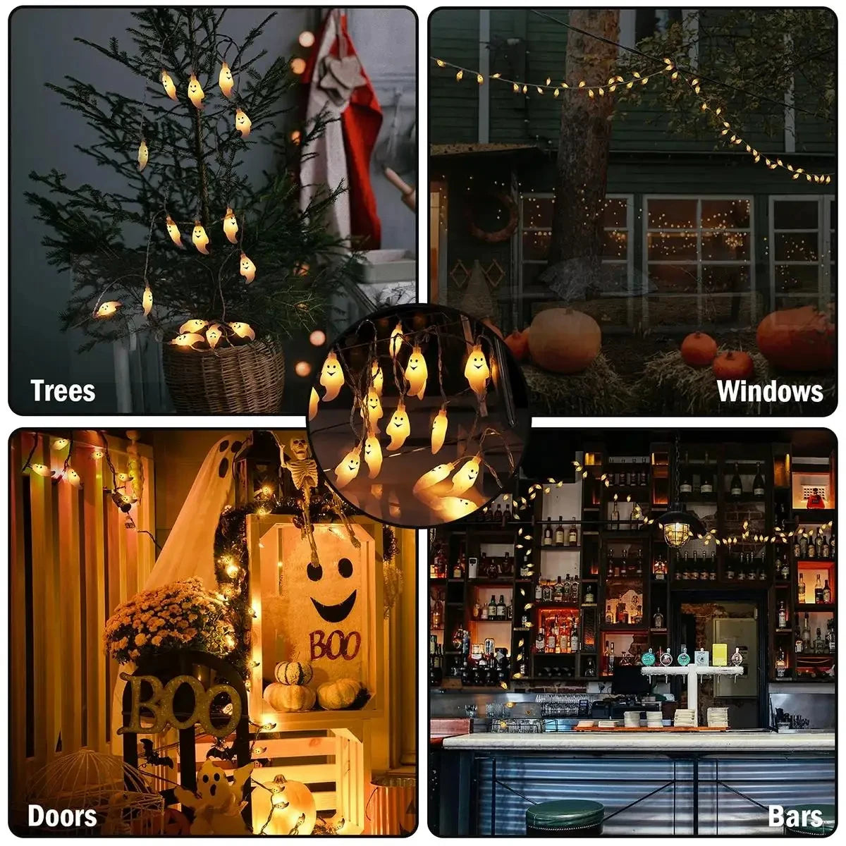 Halloween Ghost String Lights decorating trees, windows, doors and a bar in a four-scene collage.