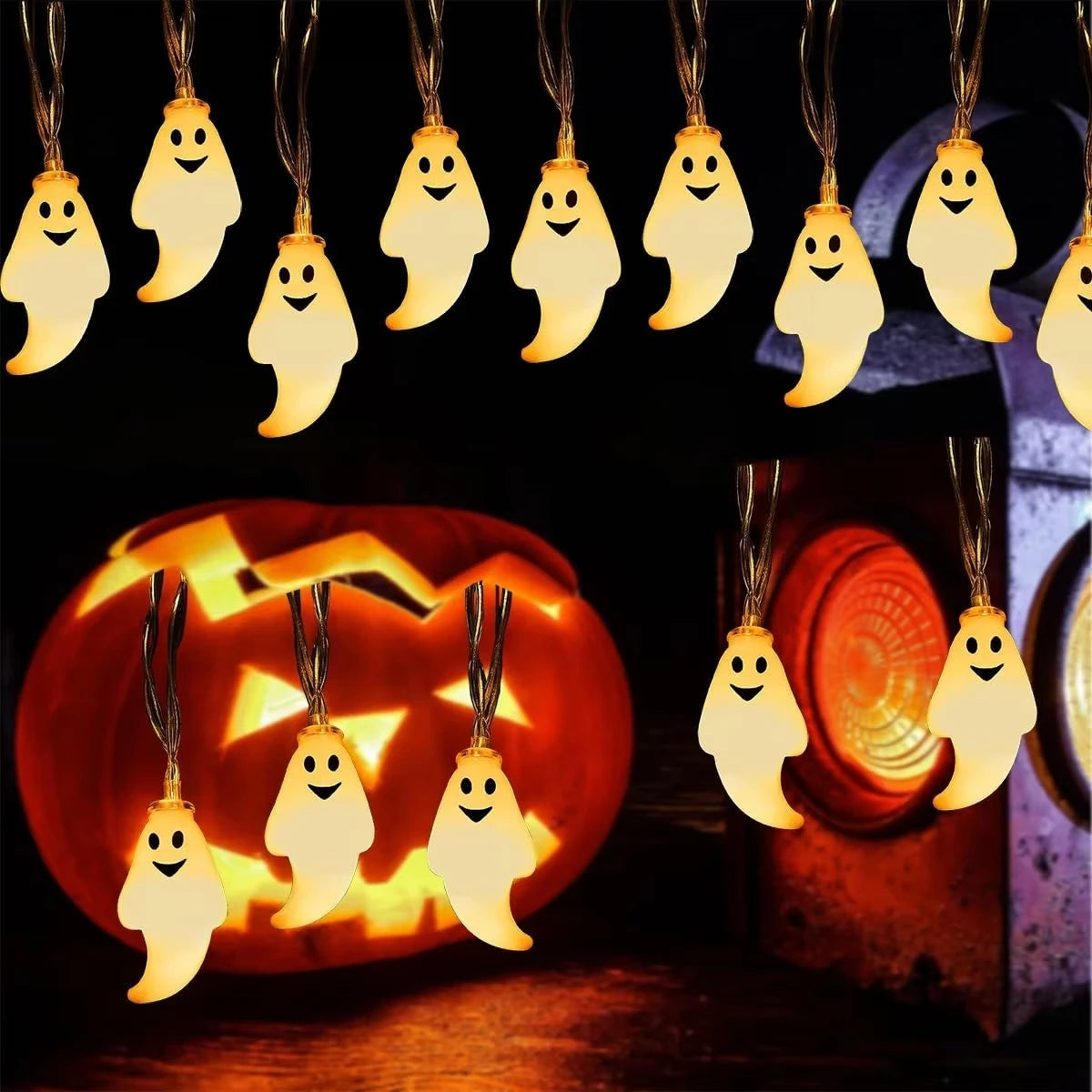Halloween Ghost String Lights hanging in rows beside a glowing jack-o-lantern and a red light.