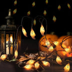 Halloween Ghost String Lights draped around a lantern, pumpkins and autumn leaves on a tabletop.