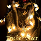 Halloween Ghost String Lights wrapped around a skeleton decoration with a Trick or Treat caption.