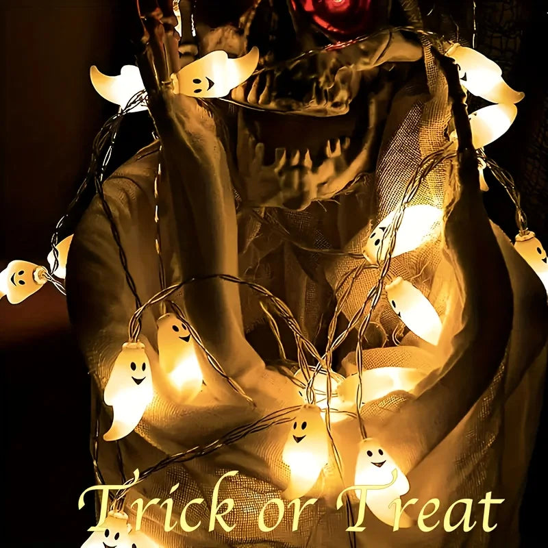 Halloween Ghost String Lights wrapped around a skeleton decoration with a Trick or Treat caption.