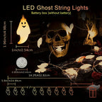 Halloween Ghost String Lights supplier diagram showing ghost dimensions, a length label and battery box.