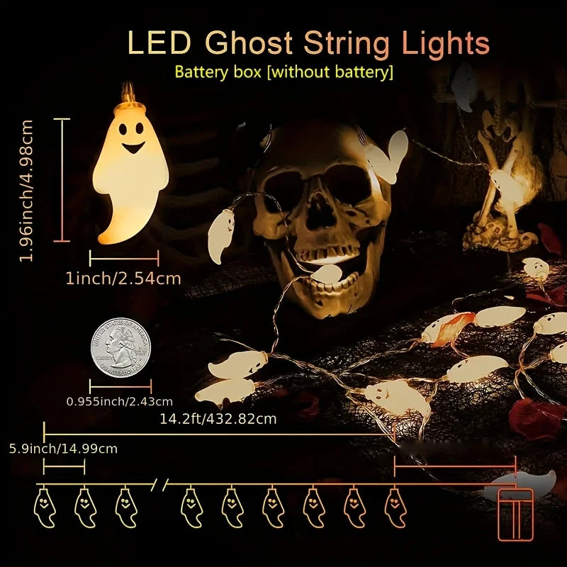Halloween Ghost String Lights supplier diagram showing ghost dimensions, a length label and battery box.