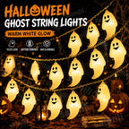 Halloween Ghost String Lights glowing warm white above pumpkins in a Halloween promotional display.