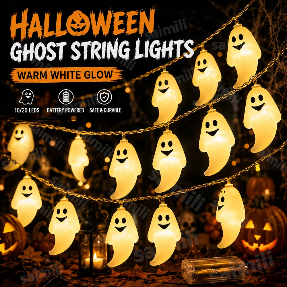 Halloween Ghost String Lights glowing warm white above pumpkins in a Halloween promotional display.
