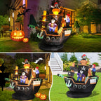 Halloween pirate ship inflatable shown in daytime and nighttime outdoor yard display scenes