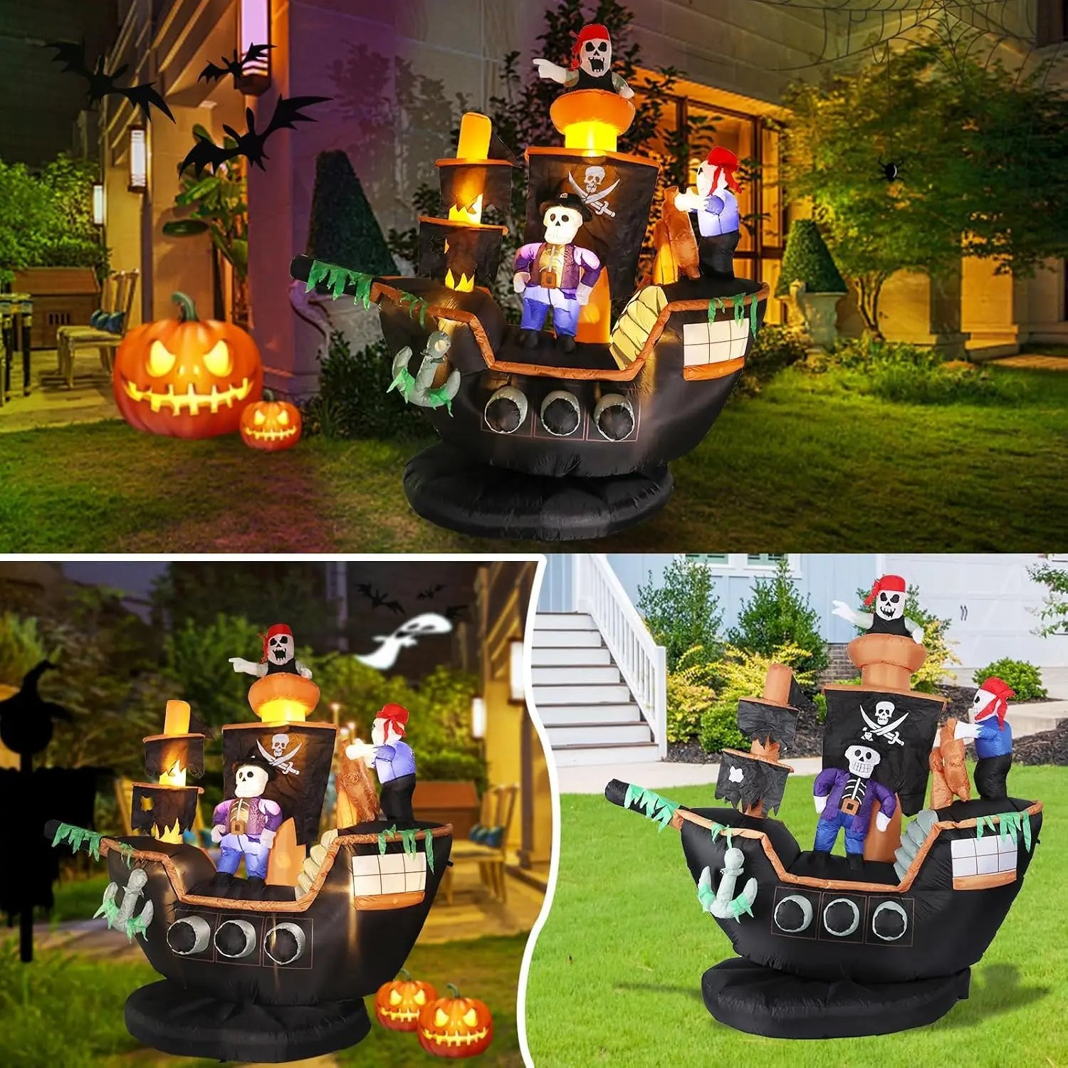 Halloween pirate ship inflatable shown in daytime and nighttime outdoor yard display scenes