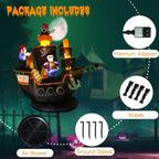Included Halloween pirate ship inflatable accessories with adapter, air blower, ropes, and ground stakes