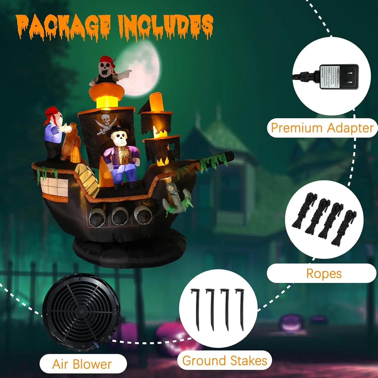Included Halloween pirate ship inflatable accessories with adapter, air blower, ropes, and ground stakes