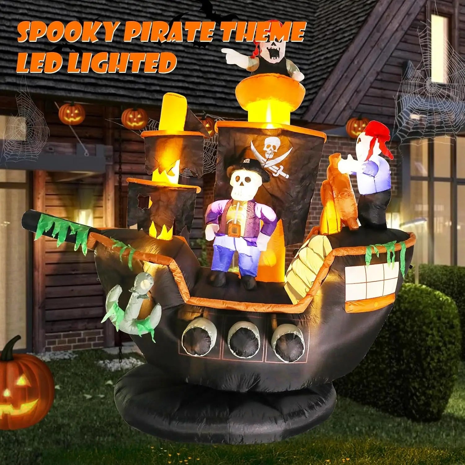 LED-lighted Halloween pirate ship inflatable with spooky skeleton and ghost characters in a decorated yard