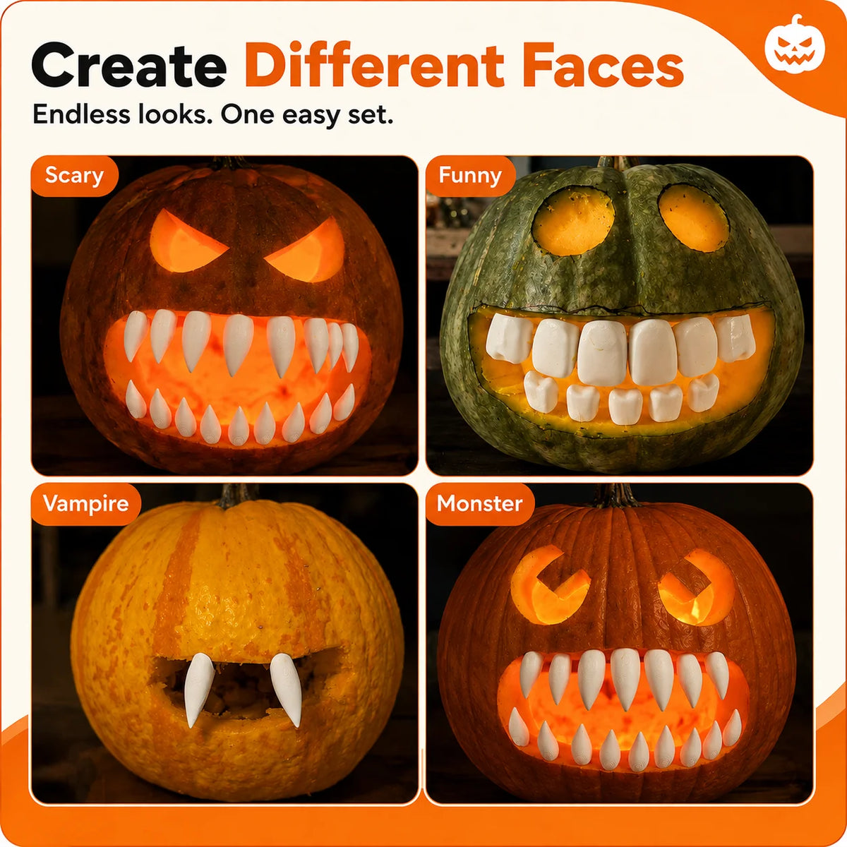 Halloween Pumpkin Teeth Inserts arranged into scary, funny, vampire and monster expressions