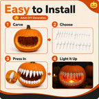 Halloween Pumpkin Teeth Inserts installation graphic showing carving, selection and press-in placement