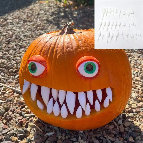 Halloween Pumpkin Teeth Inserts, sharp style on an orange pumpkin with a full-set inset