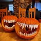 Halloween Pumpkin Teeth Inserts on two tabletop pumpkins comparing rounded smiles and pointed fangs