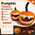 Halloween Pumpkin Teeth Inserts overview showing round and sharp styles on two carved pumpkins