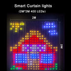 Halloween Smart Curtain Lights 2 × 2 m size guide showing a colorful house pattern across the 400-LED curtain