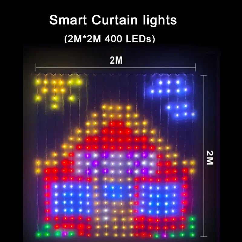 Halloween Smart Curtain Lights 2 × 2 m size guide showing a colorful house pattern across the 400-LED curtain
