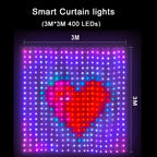 Halloween Smart Curtain Lights 3 × 3 m size guide showing a red heart pattern across the 400-LED curtain