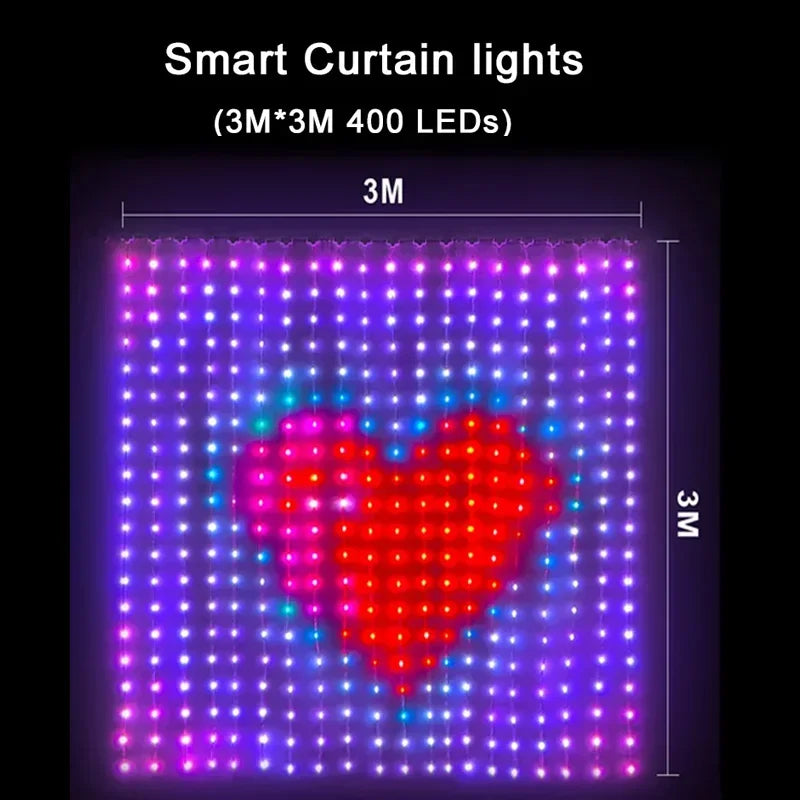 Halloween Smart Curtain Lights 3 × 3 m size guide showing a red heart pattern across the 400-LED curtain