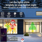 Halloween Smart Curtain Lights app-control illustration showing window patterns and static, animated, DIY and text features