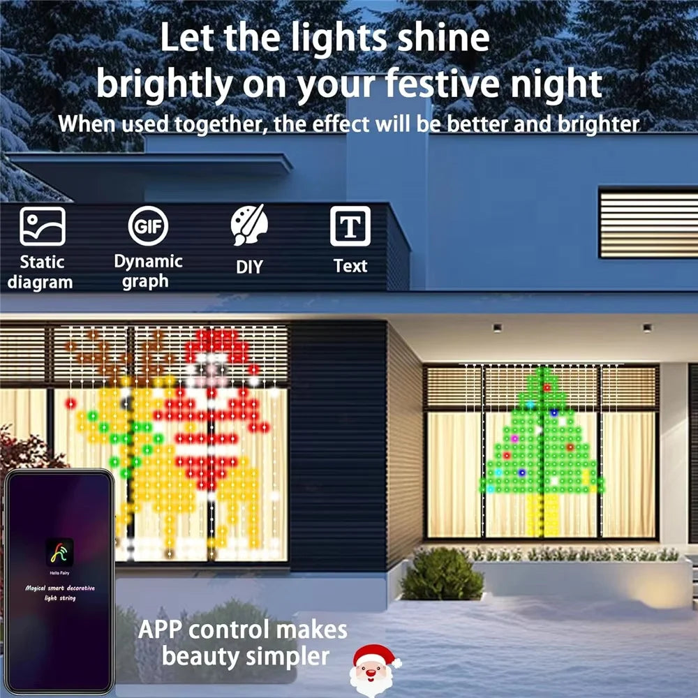 Halloween Smart Curtain Lights app-control illustration showing window patterns and static, animated, DIY and text features