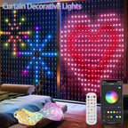 Halloween Smart Curtain Lights bedroom window illustration showing star and heart patterns with remote and app controls