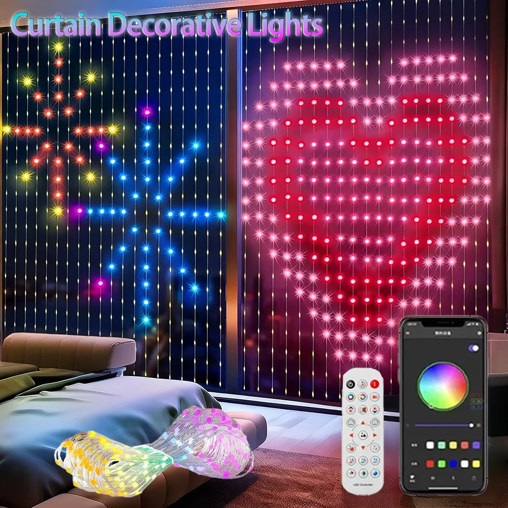 Halloween Smart Curtain Lights bedroom window illustration showing star and heart patterns with remote and app controls