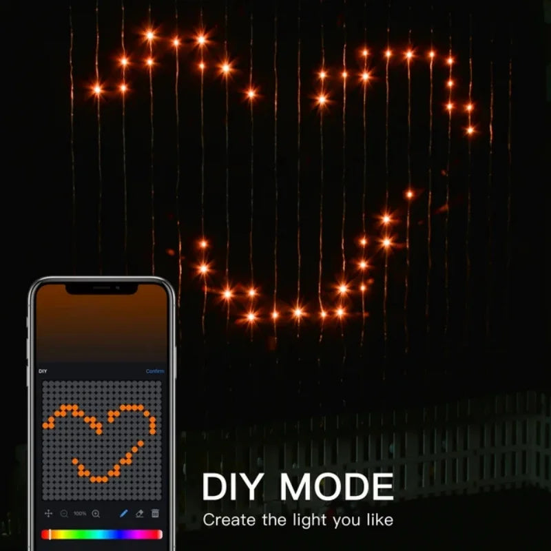 Halloween Smart Curtain Lights DIY app screen beside an orange smiling-face pattern on the hanging light strands
