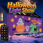 Halloween Smart Curtain Lights Halloween house display with glowing pumpkin, ghost, skull and bat designs beside app controls