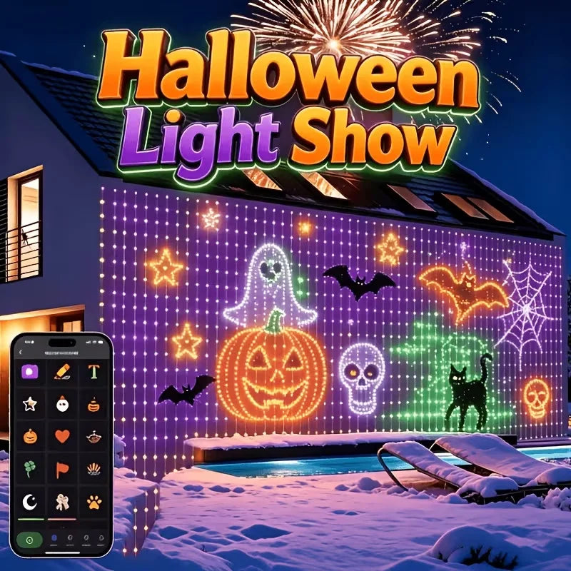Halloween Smart Curtain Lights Halloween light-show illustration with a pumpkin, ghost, black cat and spiderweb across a house