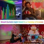 Halloween Smart Curtain Lights indoor collage showing music bars, a heart, party colors and a seasonal light pattern