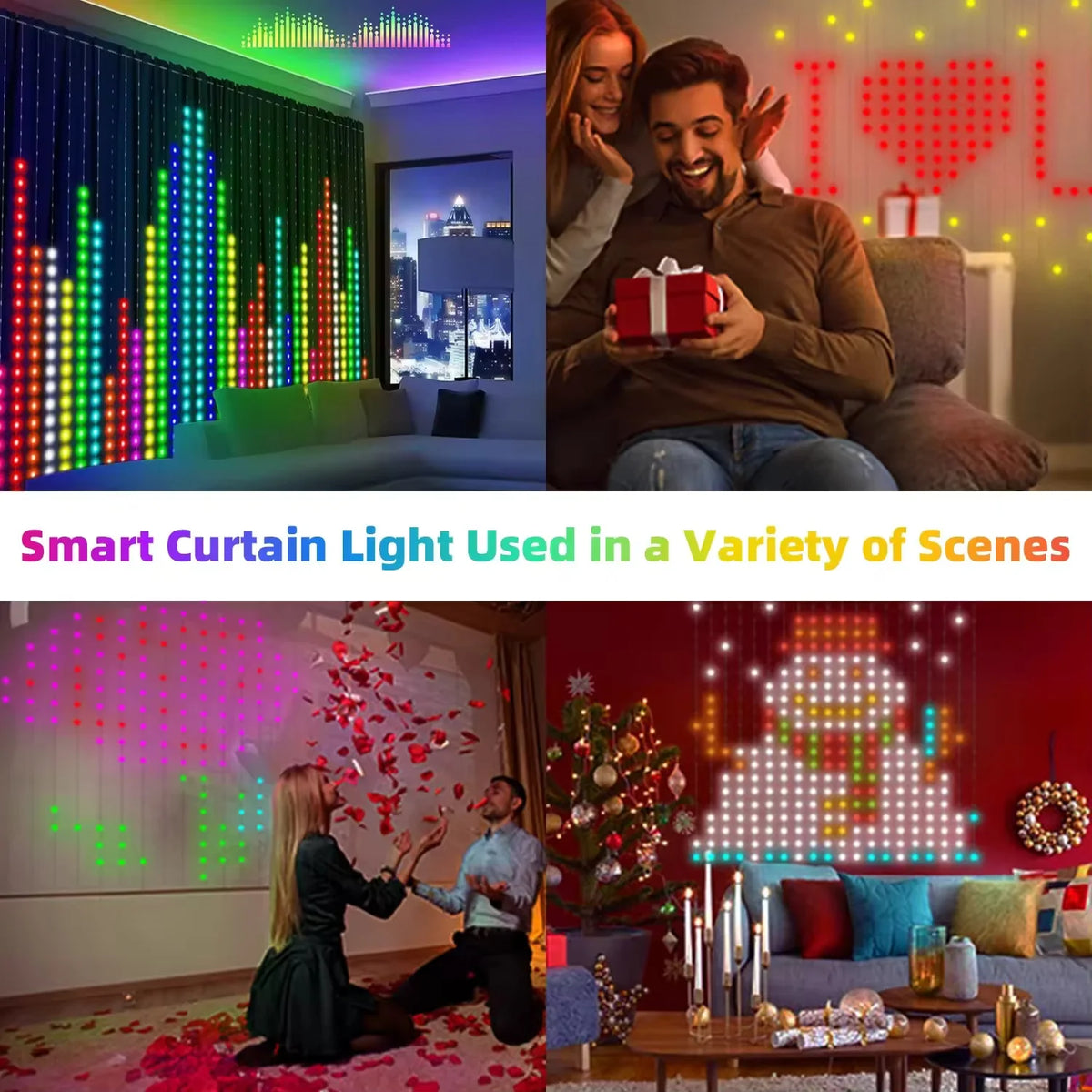 Halloween Smart Curtain Lights indoor collage showing music bars, a heart, party colors and a seasonal light pattern