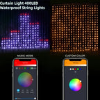 Halloween Smart Curtain Lights music mode and custom-color app screens beside multicolor and warm-glow curtain displays