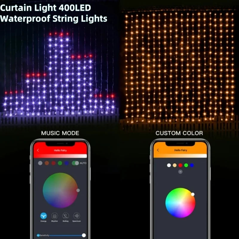 Halloween Smart Curtain Lights music mode and custom-color app screens beside multicolor and warm-glow curtain displays