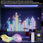 Halloween Smart Curtain Lights music-room illustration with colorful rhythm bars, remote control and app controls
