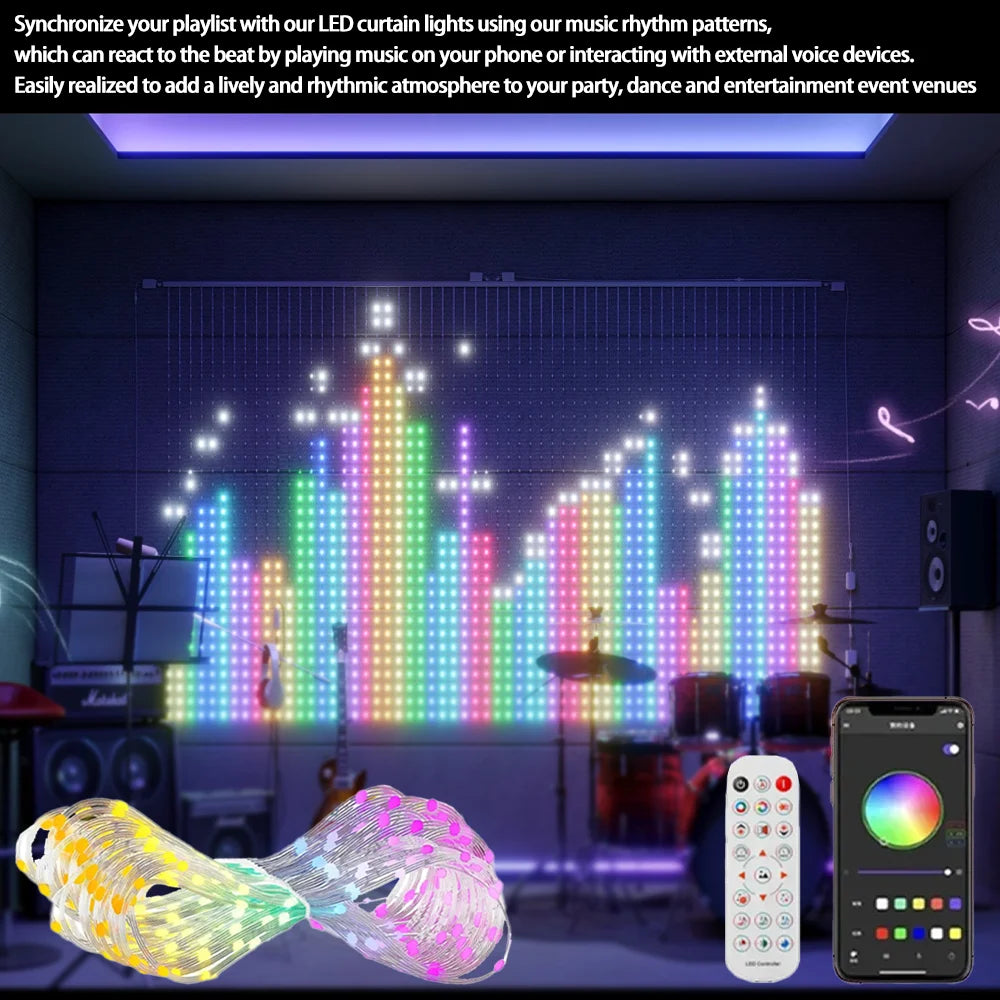Halloween Smart Curtain Lights music-room illustration with colorful rhythm bars, remote control and app controls