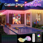 Halloween Smart Curtain Lights poolside house illustration with curtain lights, remote control and app color wheel