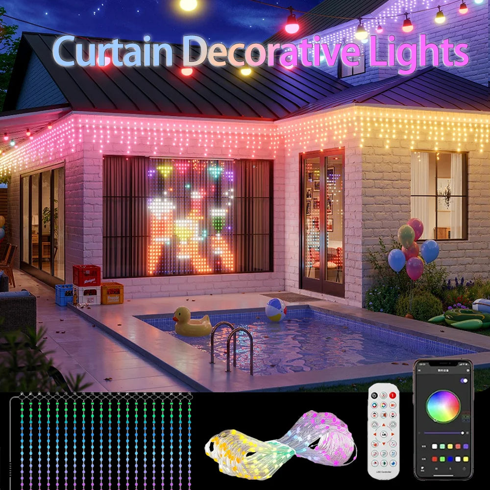 Halloween Smart Curtain Lights poolside house illustration with curtain lights, remote control and app color wheel
