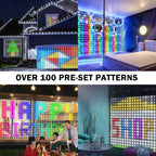 Halloween Smart Curtain Lights four-scene collage showing preset patterns on house windows and indoor backdrops
