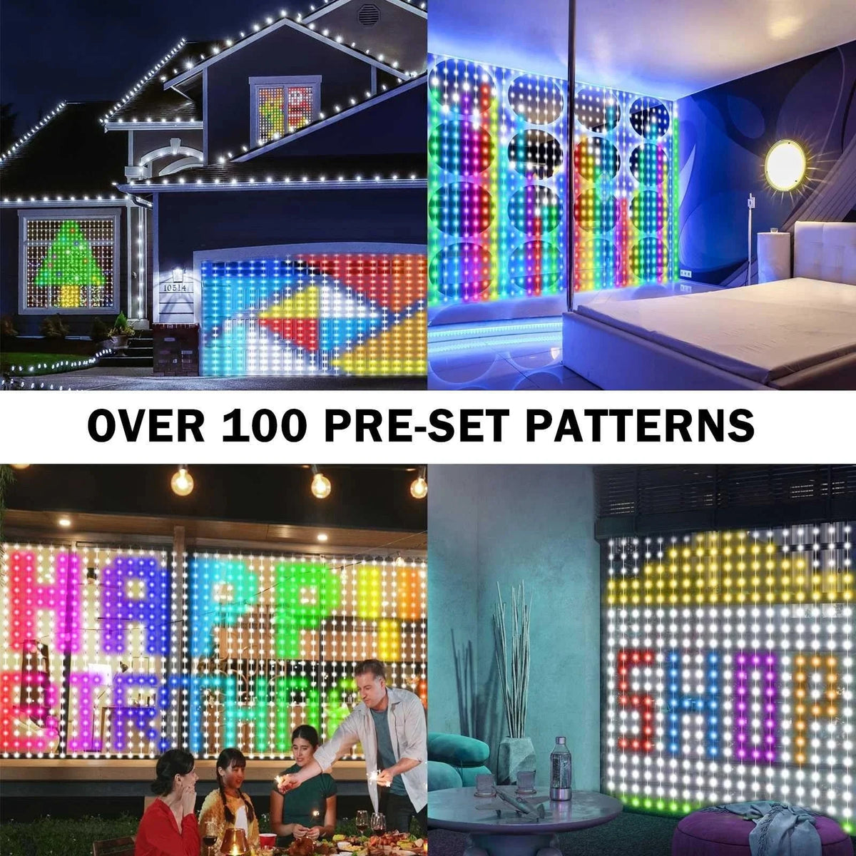 Halloween Smart Curtain Lights four-scene collage showing preset patterns on house windows and indoor backdrops