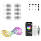Halloween Smart Curtain Lights component overview showing hanging strands, hooks, USB controller, remote and app screen