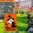 Halloween Welcome Garden Flag displayed beside a landscaped front lawn; stand not included