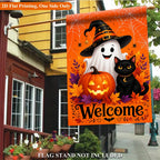 Halloween Welcome Garden Flag hanging near a porch with bright orange single-sided artwork