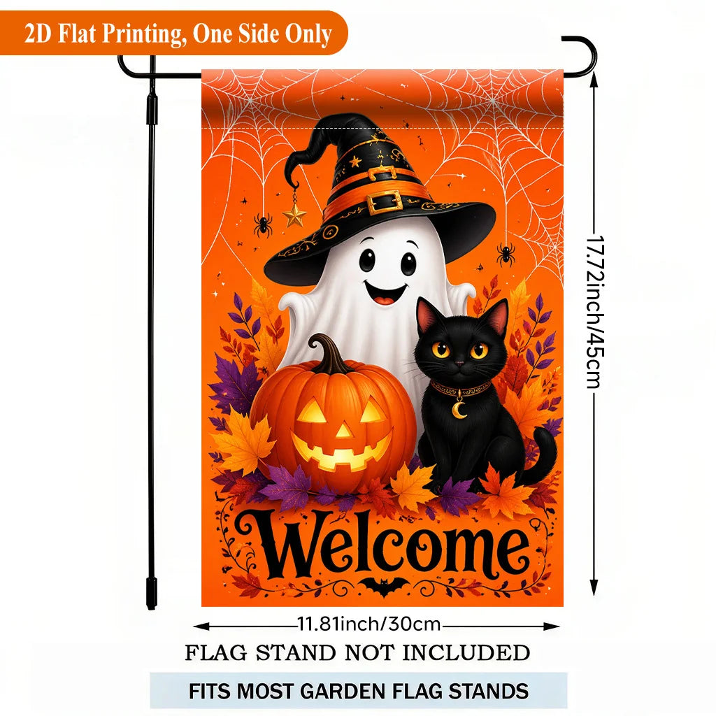 Halloween Welcome Garden Flag size guide showing 11.8 × 17.72 inch single-sided flag